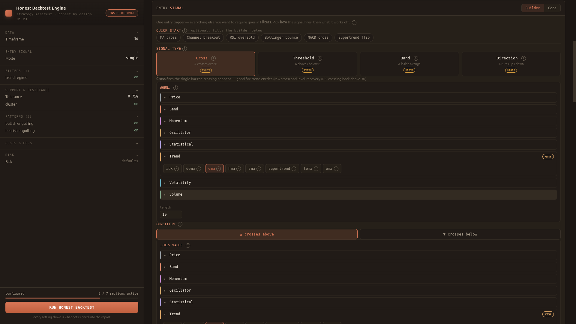 The entry signal builder with indicators grouped by category and the exact condition and parameters